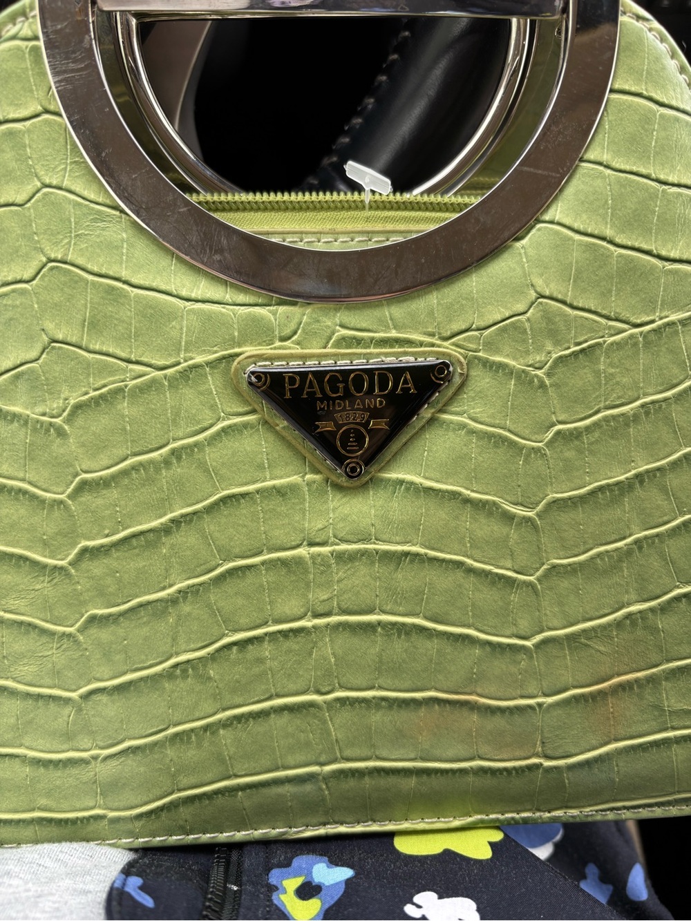 Lime Green Croc-Embossed Satchel with Metal Ring Handles Vintage Pagoda